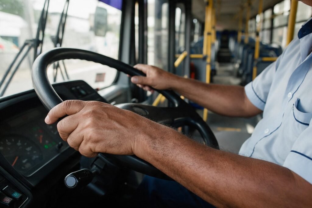 Motorista de ônibus com as mãos no volante durante o trabalho no transporte coletivo