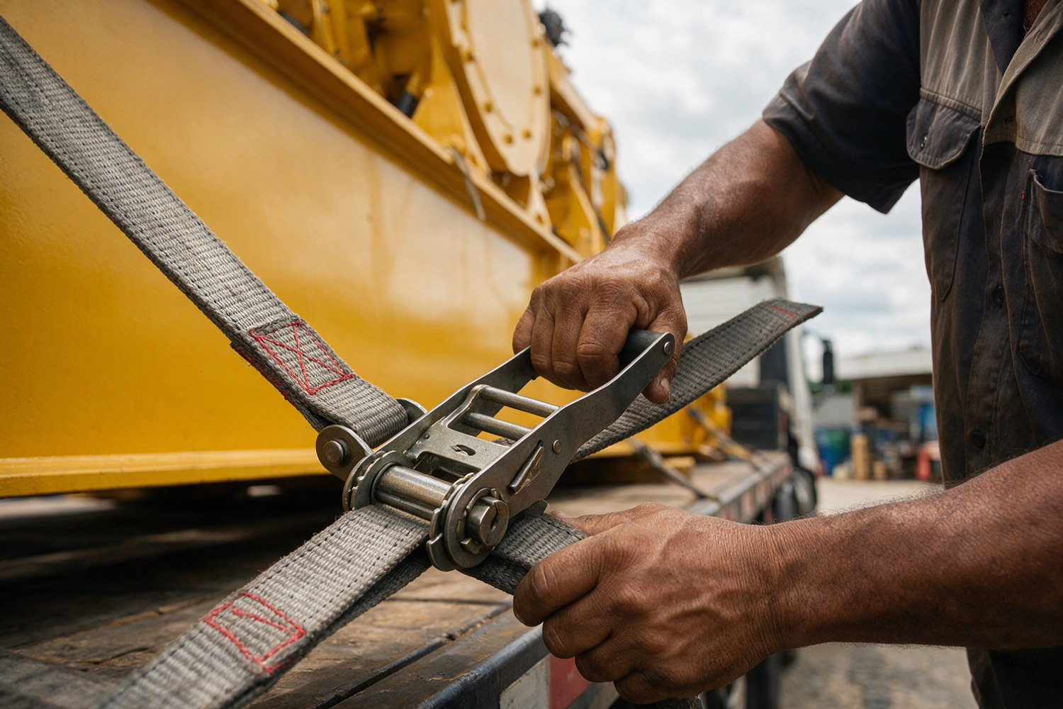 Motorista tensionando cinta de amarração de carga indivisível sobre carreta prancha