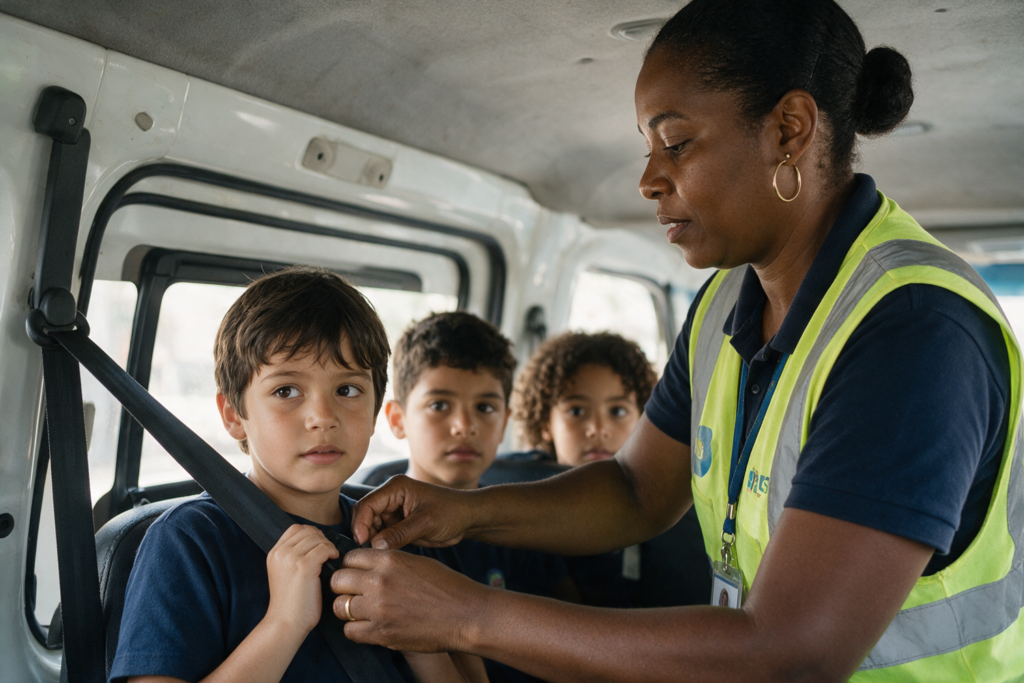 Monitora de transporte escolar ajustando o cinto de segurança de uma criança na van
