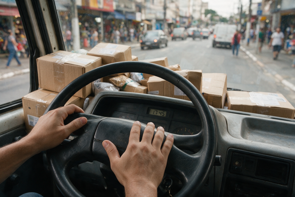 Mãos de motorista profissional ao volante em entrega urbana na alta temporada