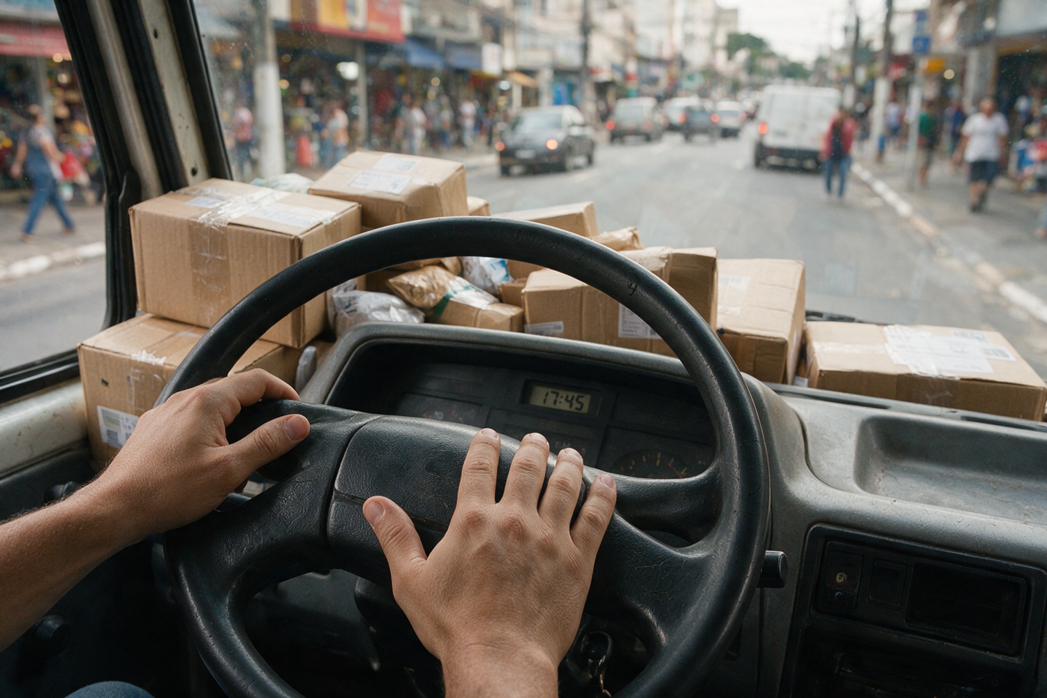 Mãos de motorista profissional ao volante em entrega urbana na alta temporada